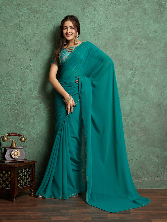 Poly Chiffon Dyed Saree With Heavy Embroidered Blouse Piece