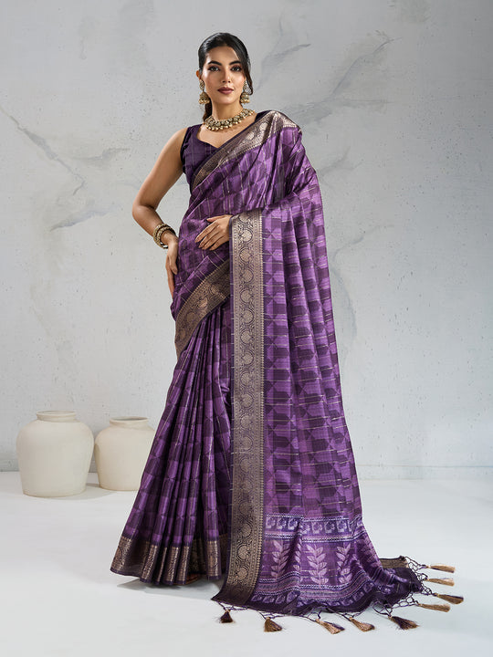Poly Silk Woven Floral Digital Printed Saree With Woven Jacquard Border And Fancy Tassels
