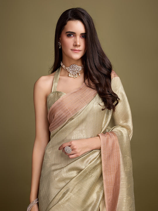 Gold Silk Blend Saree With Blouse Piece