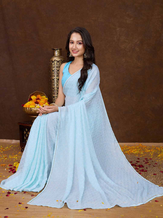 Blue Crepe Georgette Gold Foil Embellished Printed Saree With Blouse Piece