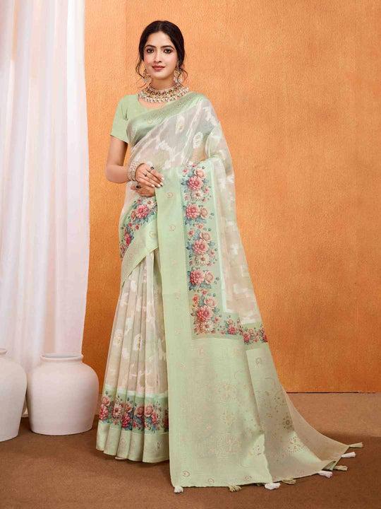Mint Green Pure Cotton Lucknowi Woven Banarasi Saree With Ombre Floral Prints