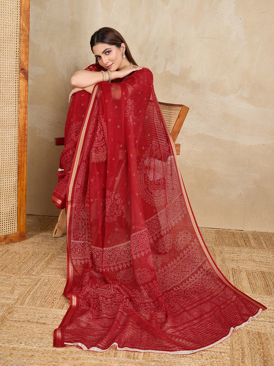 Pure Chiffon Bandhani Printed Saree With Viscose Woven Border And Blouse Piece
