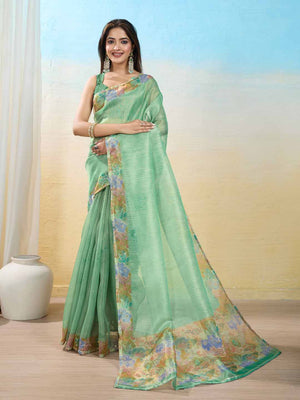 Seagreen Organza Zari Woven Printed Saree With Hand-Sequence Embellishment Saree With Blouse Piece
