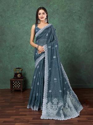 Seagreen Cotton Banarasi Printed Saree With Thread Embroidery Scalloping  Saree With Blouse Piece