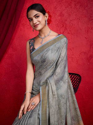 Grey Poly Silk Festival Saree With Blouse Piece