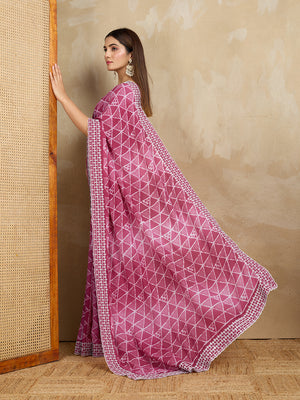 Poly Georgette Geometric Printed Saree With Embroidered Border And Blouse Piece