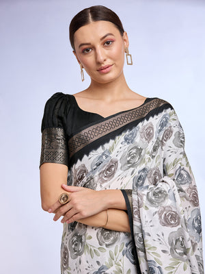 White & Black Dola Silk Saree With Blouse Piece