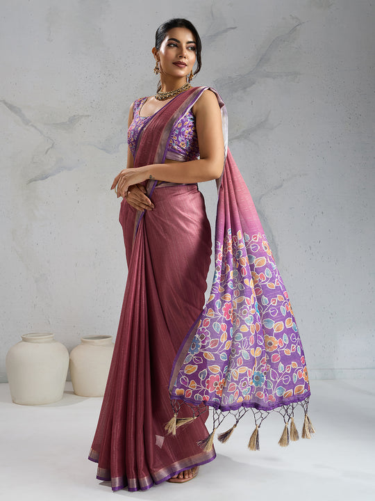 Pure Chiffon Digital Printed Woven Saree With Woven Border And Fancy Tassels