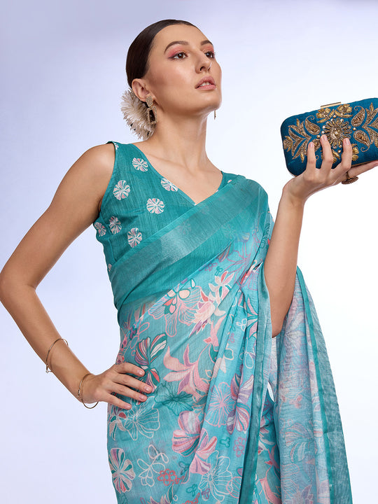 Teal Linen Blend Saree With Blouse Piece