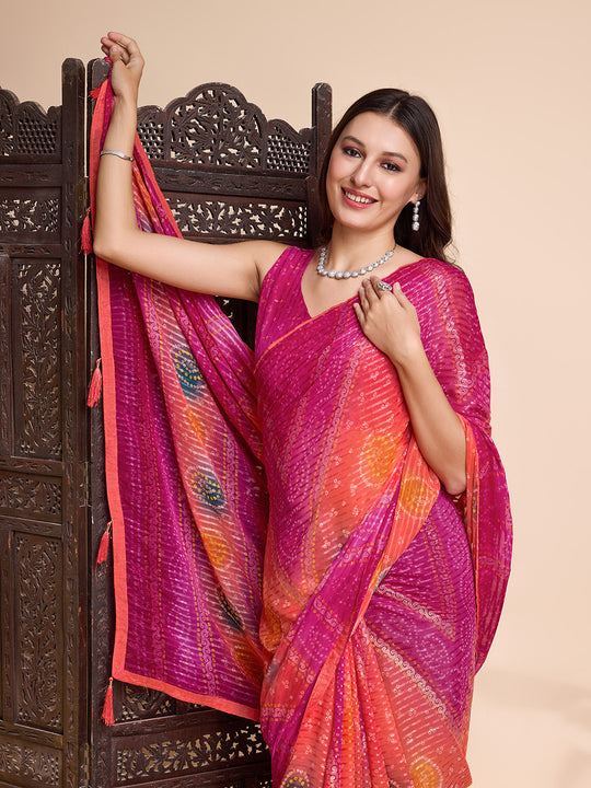 Pink Weightless Poly Chiffon Saree With Blouse Piece
