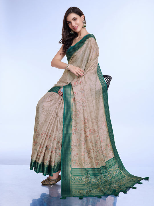 Beige Poly Silk Daily Wear Saree With Blouse Piece