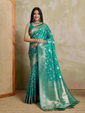 Teal Pure Satin Banarasi Saree With Tassels Saree With Blouse Piece