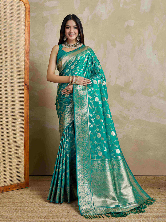 Teal Pure Satin Banarasi Saree With Tassels Saree With Blouse Piece