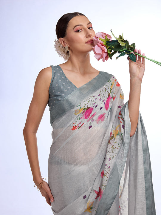 Off White Linen Blend Saree With Blouse Piece