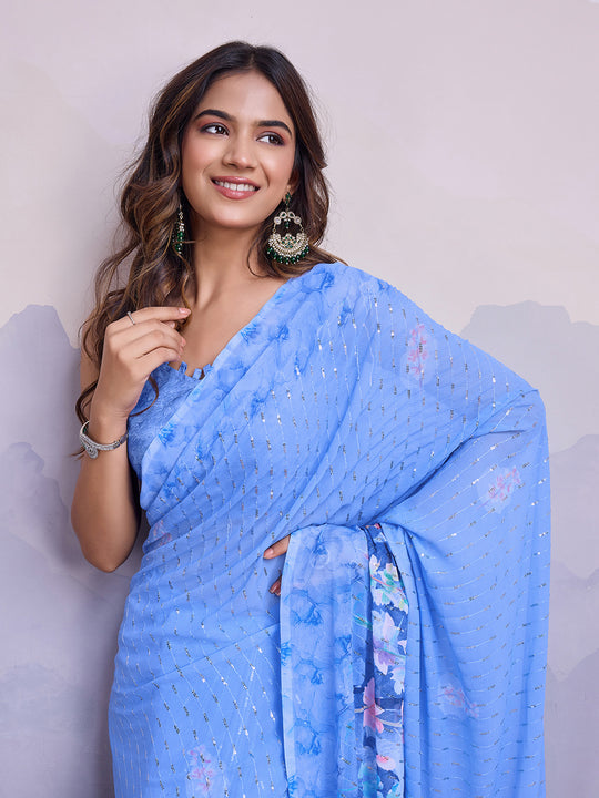 Blue Poly Chiffon Saree With Blouse Piece