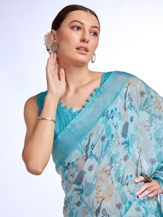 Blue Linen Blend Saree With Blouse Piece