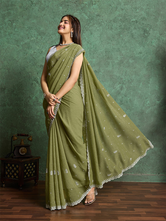 Pure Georgette Solid Embroidered Saree With Scalloping And Fancy Blouse