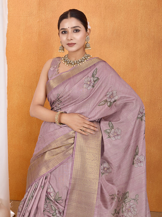Peach Silk Blend Saree With Blouse Piece