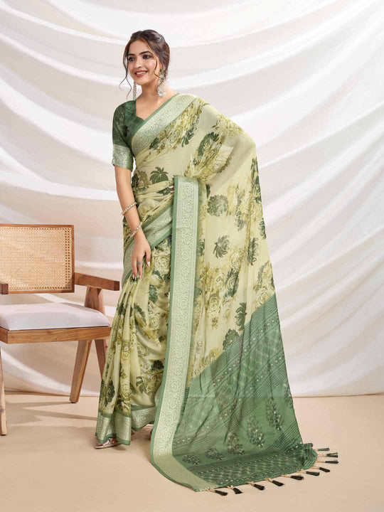 Mintgreen Silk Chiffon Viscose Border Floral Printed Saree Saree With Blouse Piece