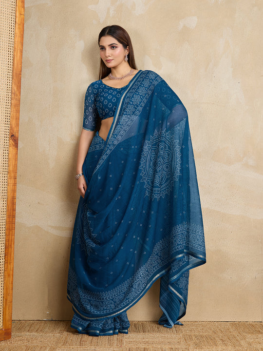 Pure Chiffon Bandhani Printed Saree With Viscose Woven Border And Blouse Piece