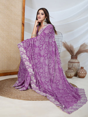 Poly Georgette Geometric Print Saree With Embroidery And Scaloping Work With Unstitched Blouse Piece