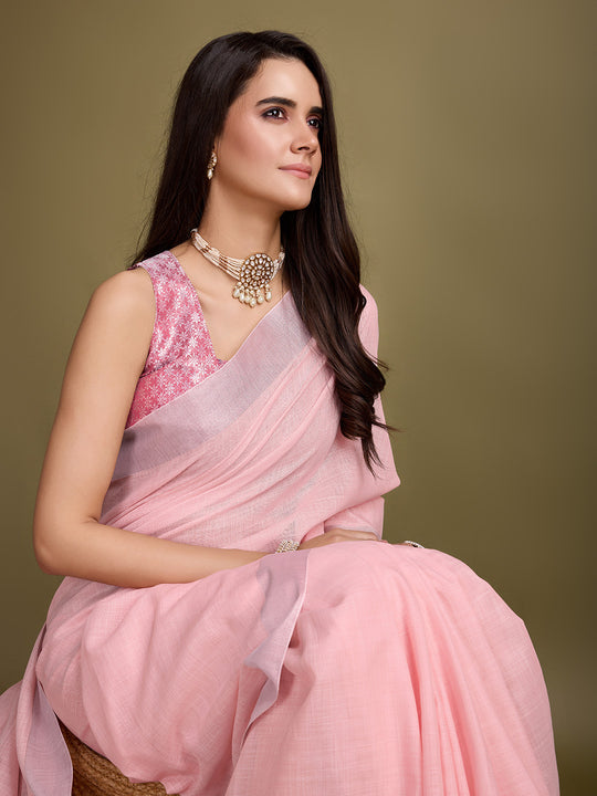 Peach Linen Blend Daily Wear Saree With Blouse Piece