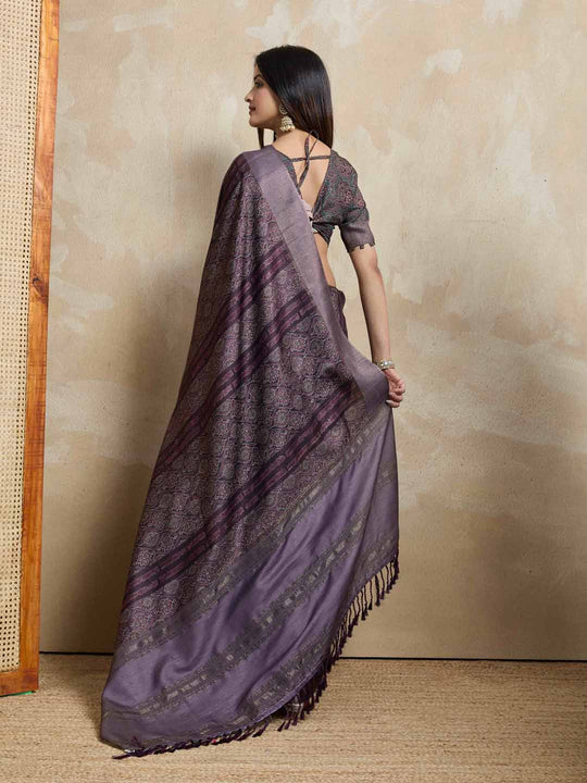 Wine Pure Handloom Tussar Woven Pallu Ajrakh Printed With Blouse Piece