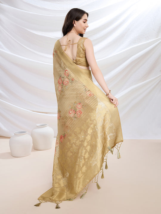 Mustard Cotton Blend Festive Wear Saree With Blouse Piece
