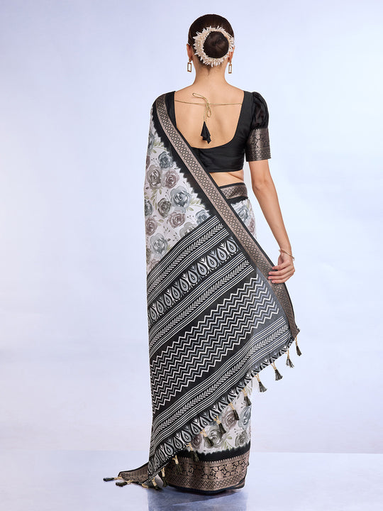 White & Black Dola Silk Saree With Blouse Piece
