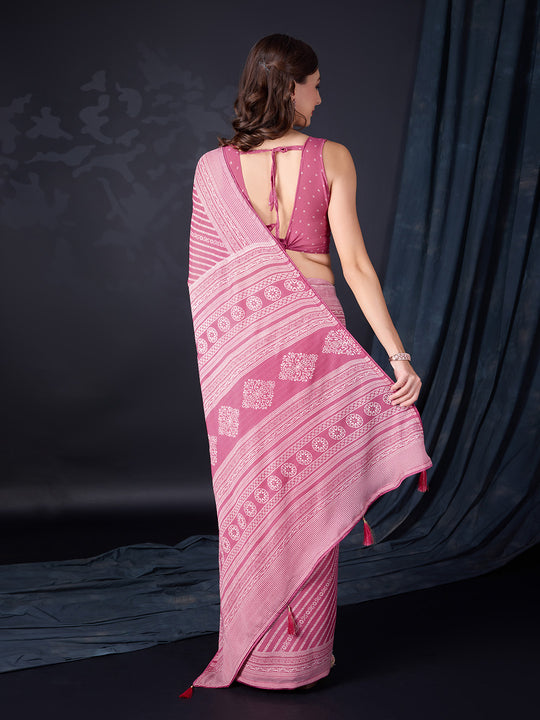 Pink Poly Georgette Saree With Blouse Piece