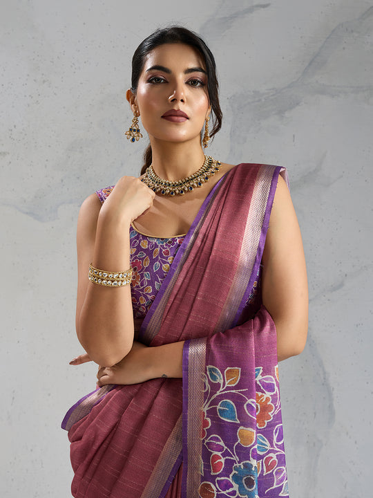 Pure Chiffon Digital Printed Woven Saree With Woven Border And Fancy Tassels