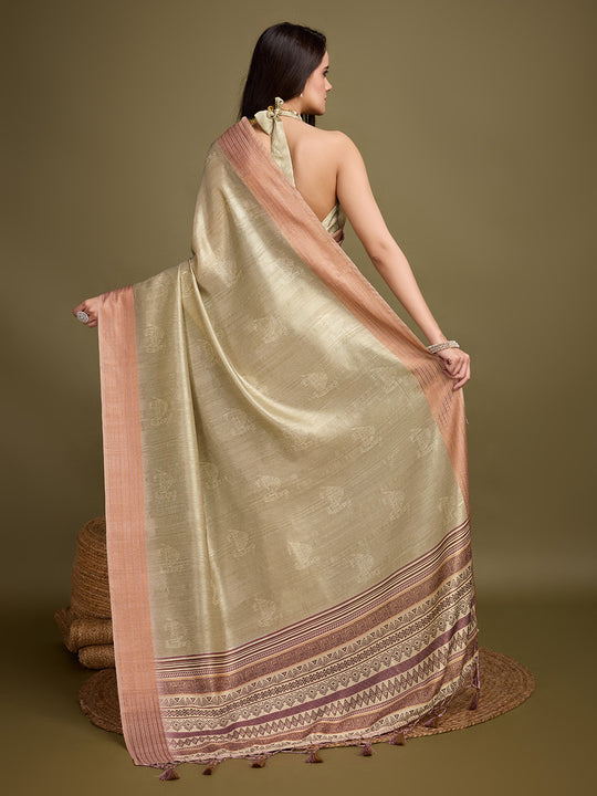 Gold Silk Blend Saree With Blouse Piece