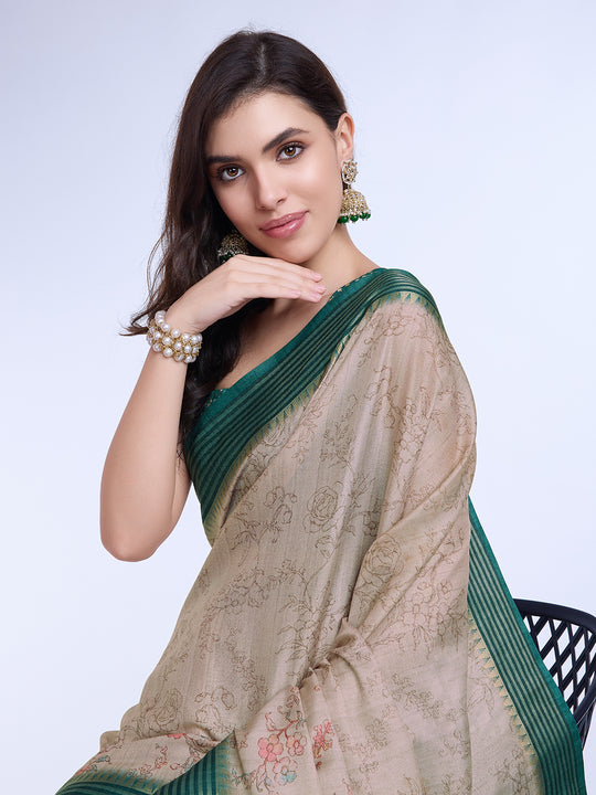 Beige Poly Silk Daily Wear Saree With Blouse Piece