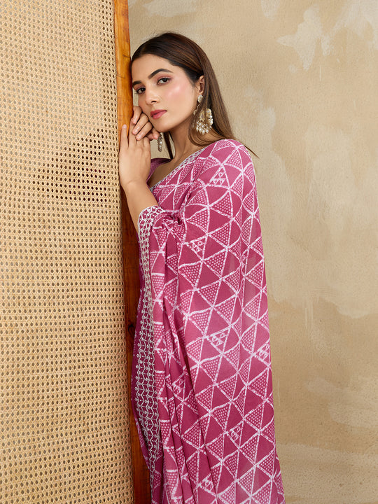 Poly Georgette Geometric Printed Saree With Embroidered Border And Blouse Piece