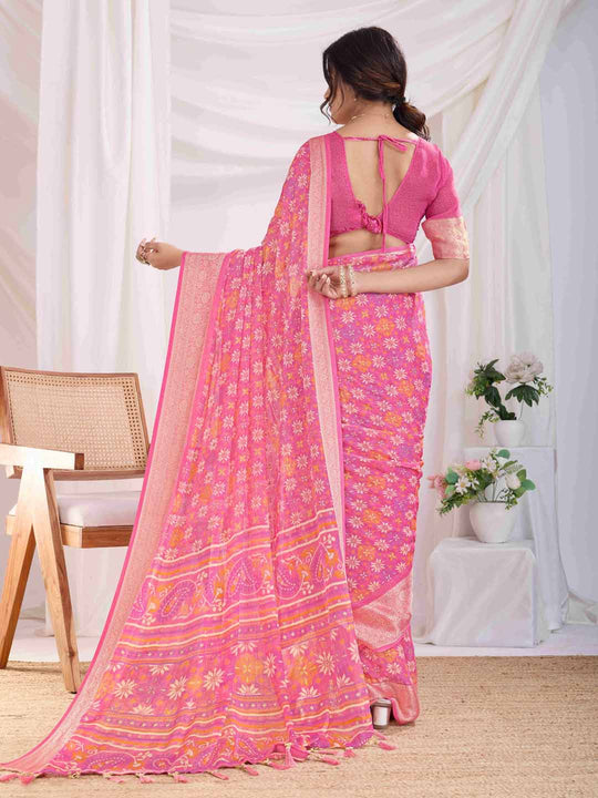 Pink Pure Chiffon Viscose Border Block Printed Saree With Blouse Piece