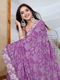 Poly Georgette Geometric Print Saree With Embroidery And Scaloping Work With Unstitched Blouse Piece