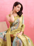 Olivegreen Cotton Banarasi Woven Rich Pallu Printed Saree With Blouse Piece