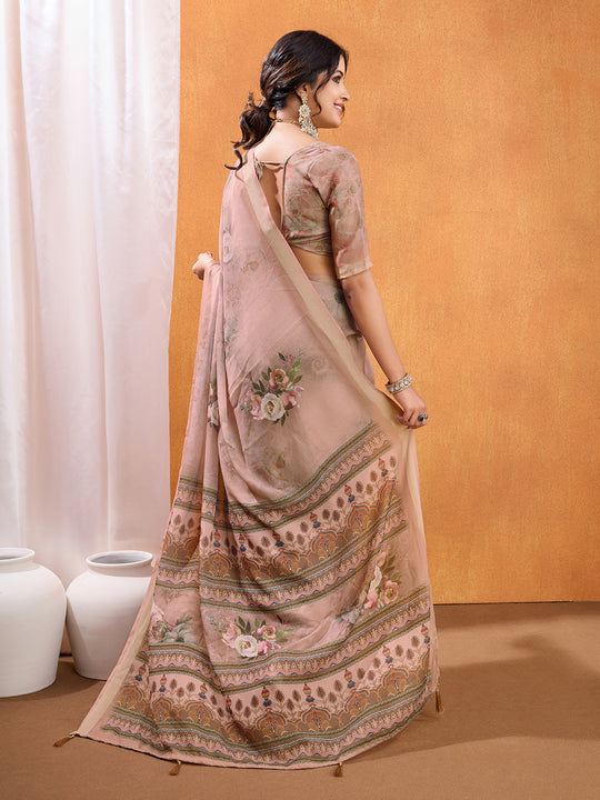 Peach Poly Crepe Party Wear Saree With Blouse Piece