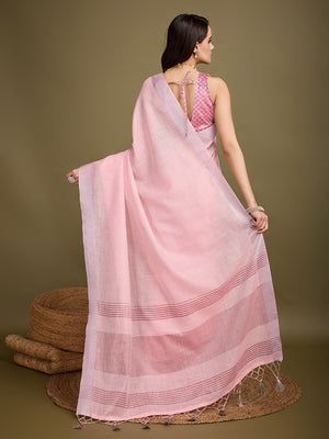 Peach Linen Blend Daily Wear Saree With Blouse Piece