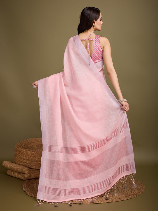 Peach Linen Blend Daily Wear Saree With Blouse Piece