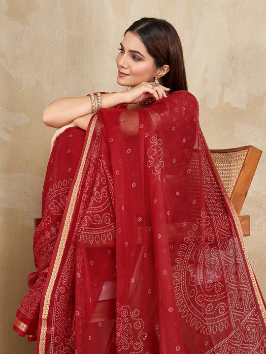 Pure Chiffon Bandhani Printed Saree With Viscose Woven Border And Blouse Piece