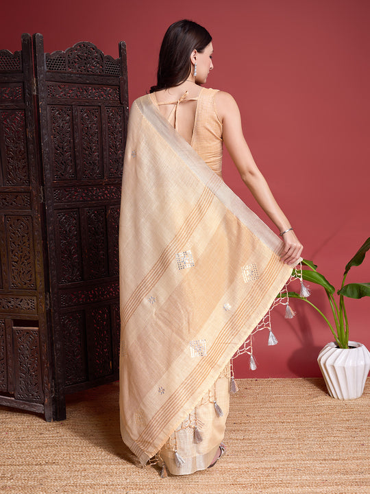 Cream Linen Blend Saree With Blouse Piece