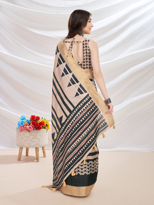 Beige Silk Blend Casual Wear Saree With Blouse Piece