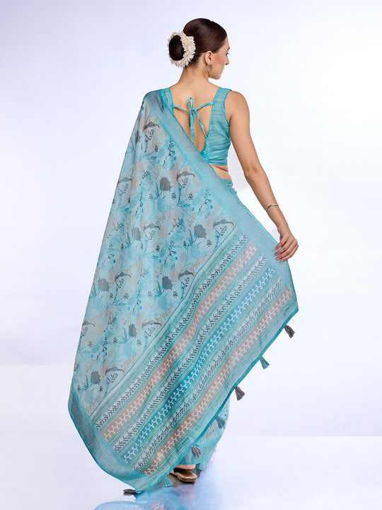 Blue Linen Blend Saree With Blouse Piece