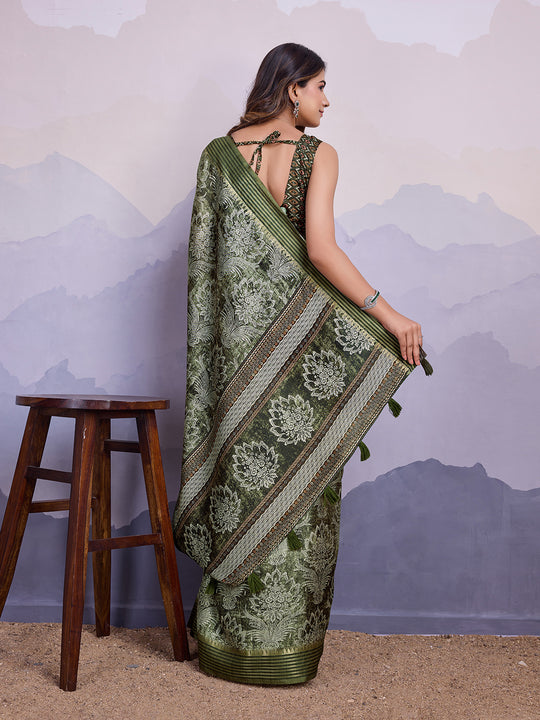 Mehndi Poly Silk Festival Saree With Blouse Piece