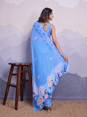 Blue Poly Chiffon Saree With Blouse Piece