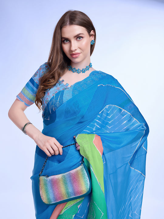 Teal Poly Chiffon Festival Saree With Blouse Piece