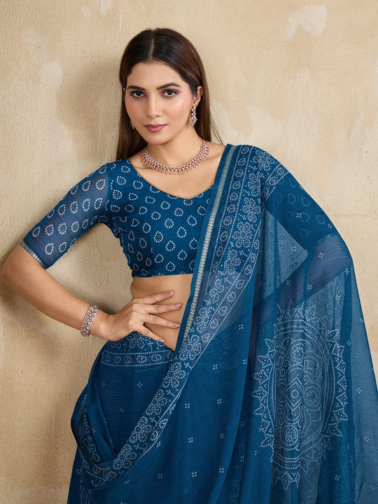 Pure Chiffon Bandhani Printed Saree With Viscose Woven Border And Blouse Piece