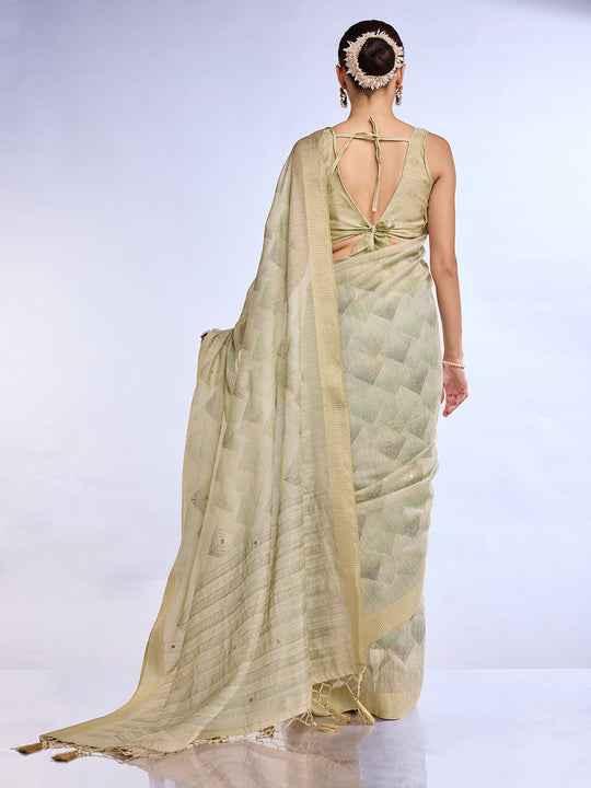Green Tissue Linen Blend Saree With Blouse Piece