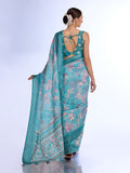 Teal Linen Blend Saree With Blouse Piece